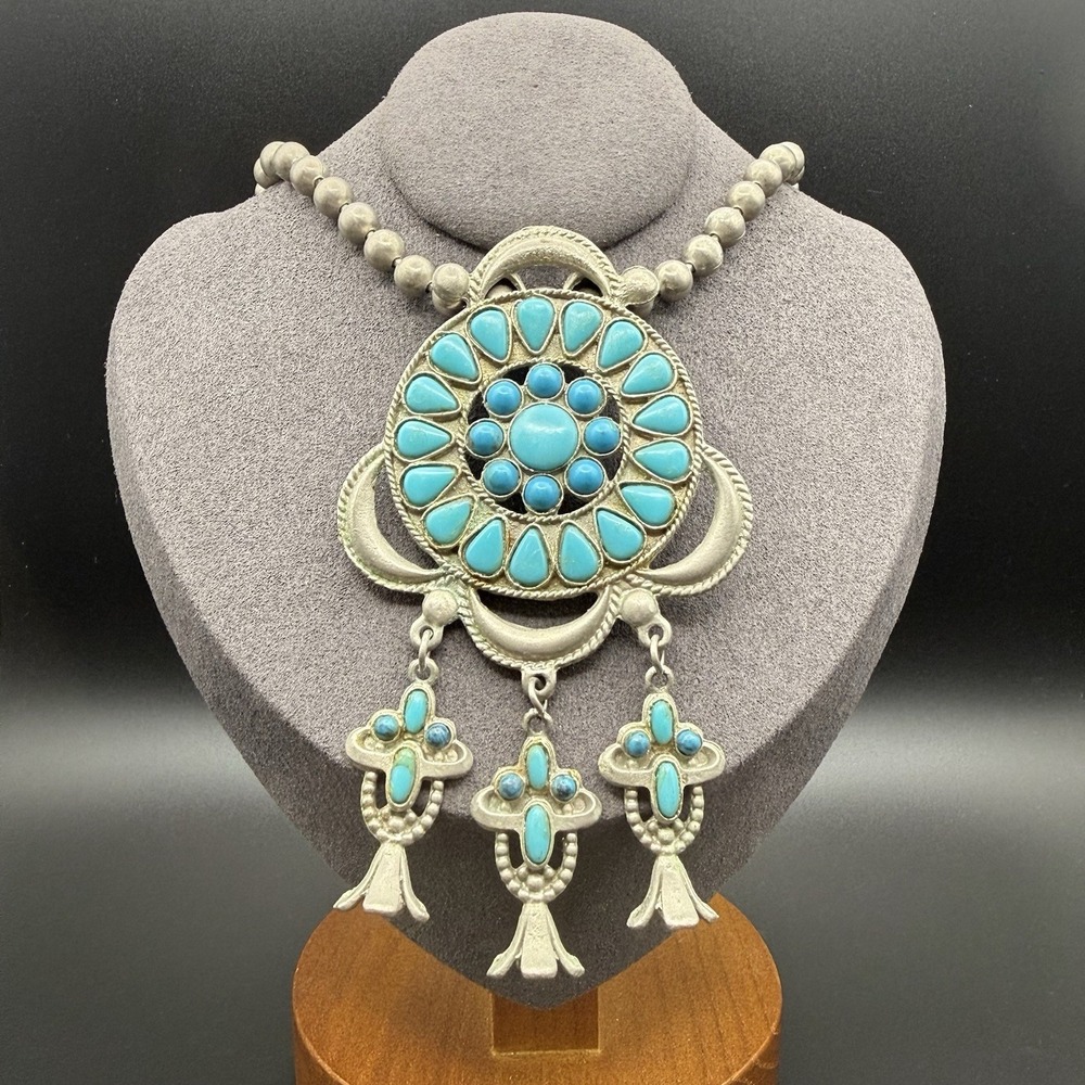 Vintage Kuchi Style Turquoise Blue Cabochon Tribal Statement Dangle Necklace 24"